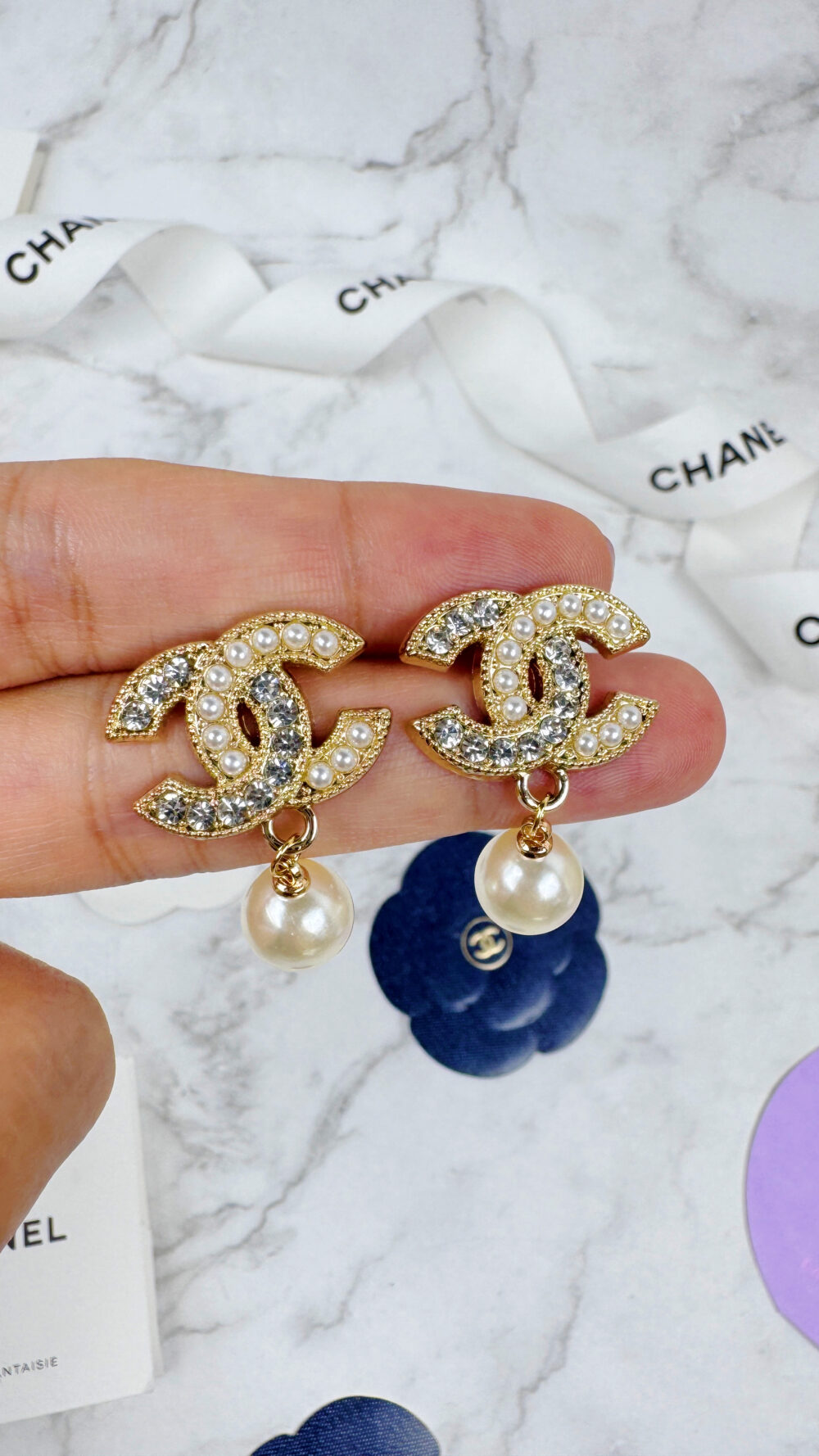 全館特價!!22mm金色半鑽半珍珠垂墜款